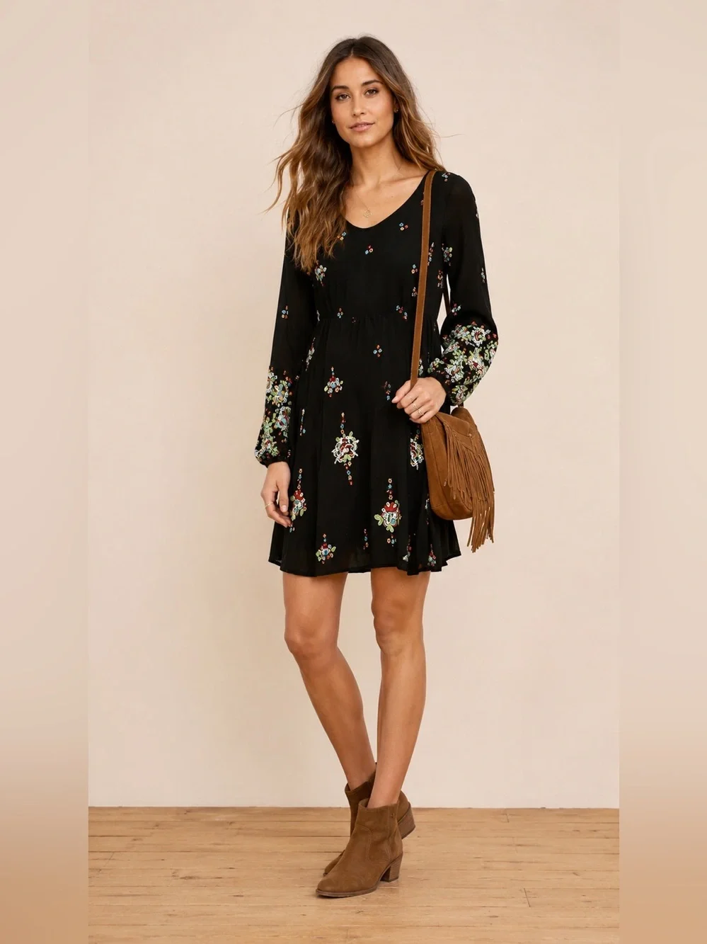 Free People Oxford Embroidered Mini Dress Black Floral Festival XS (Oversized)